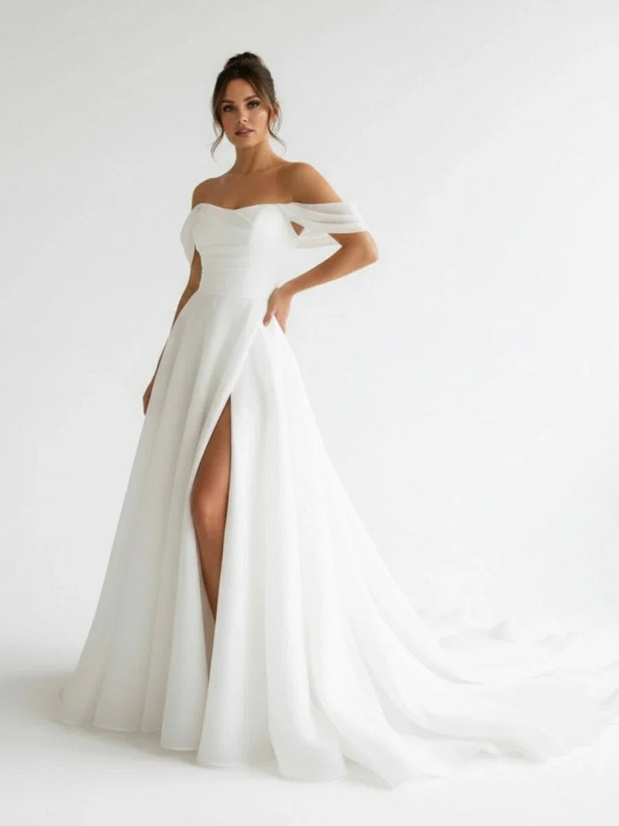 Elegant White Off the Shoulder Long Wedding Dress with Slit