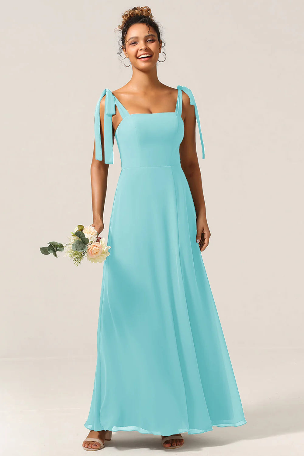 A Line Spaghetti Straps Floor Length Chiffon Bridesmaid Dress with Slit