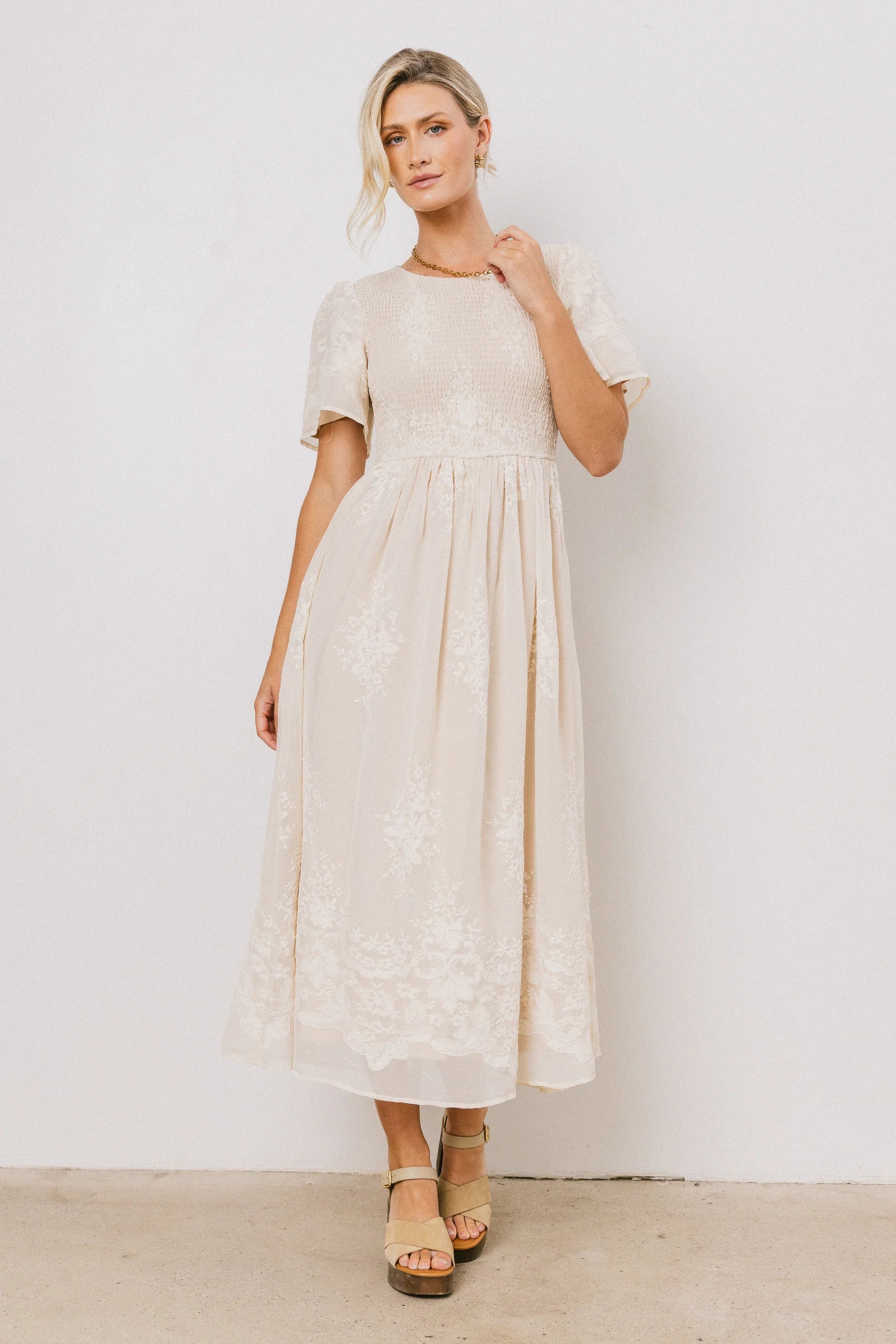 Alora Embroidered Dress in Champagne FINAL SALE
