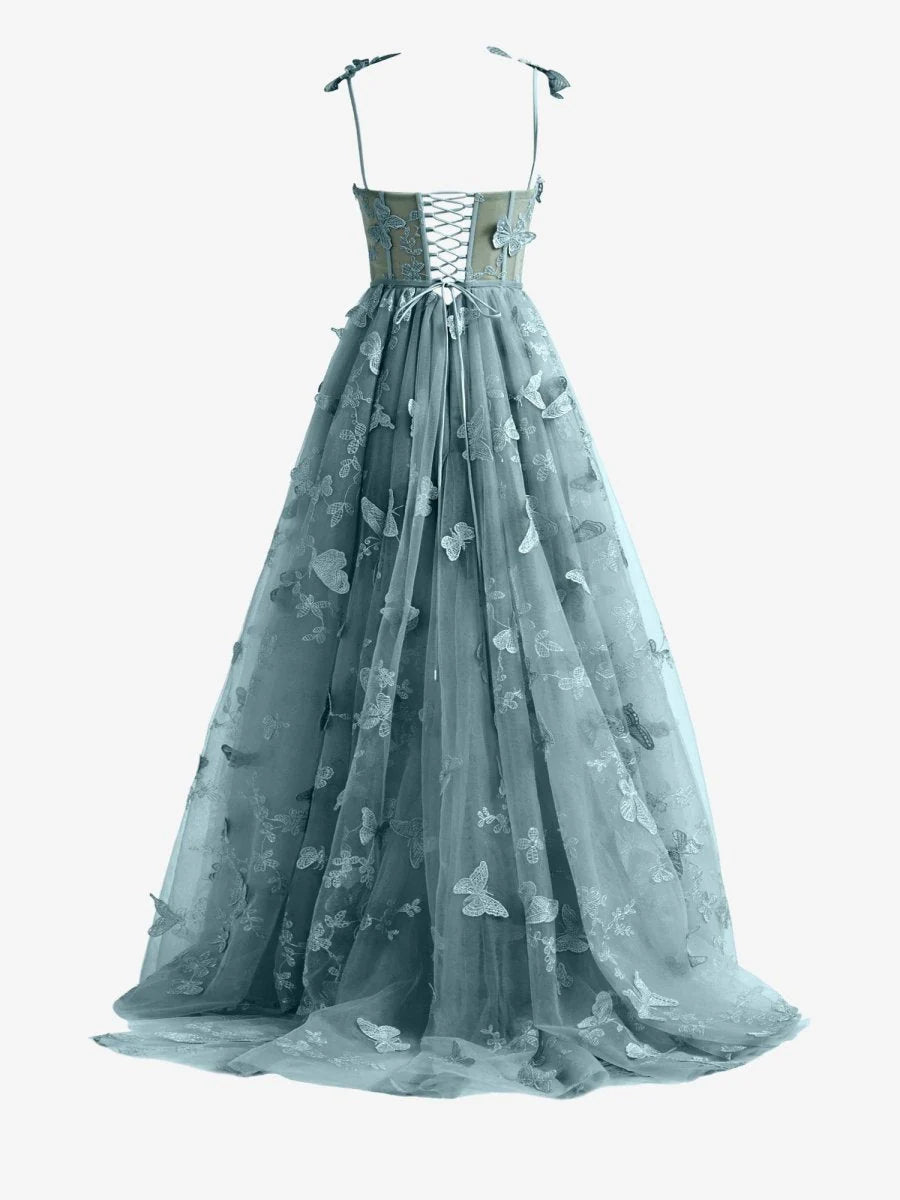 Dusty Blue A line Butterfly Lace Lilac Corset Prom Dress with Slit