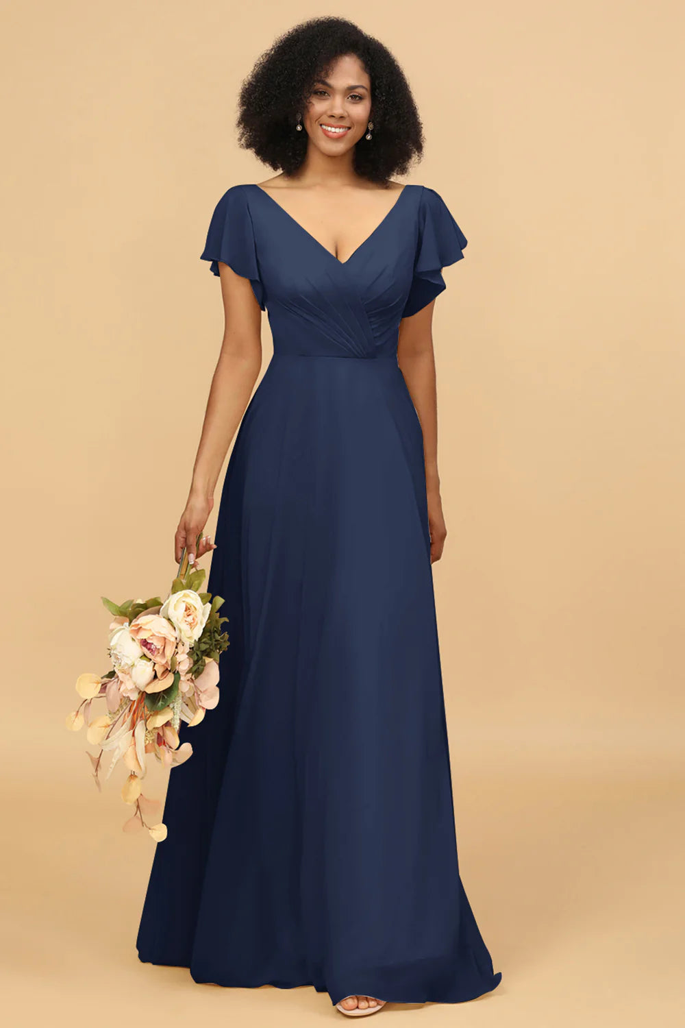 V Neck Cape Long Floor Length Chiffon Bridesmaid Dress