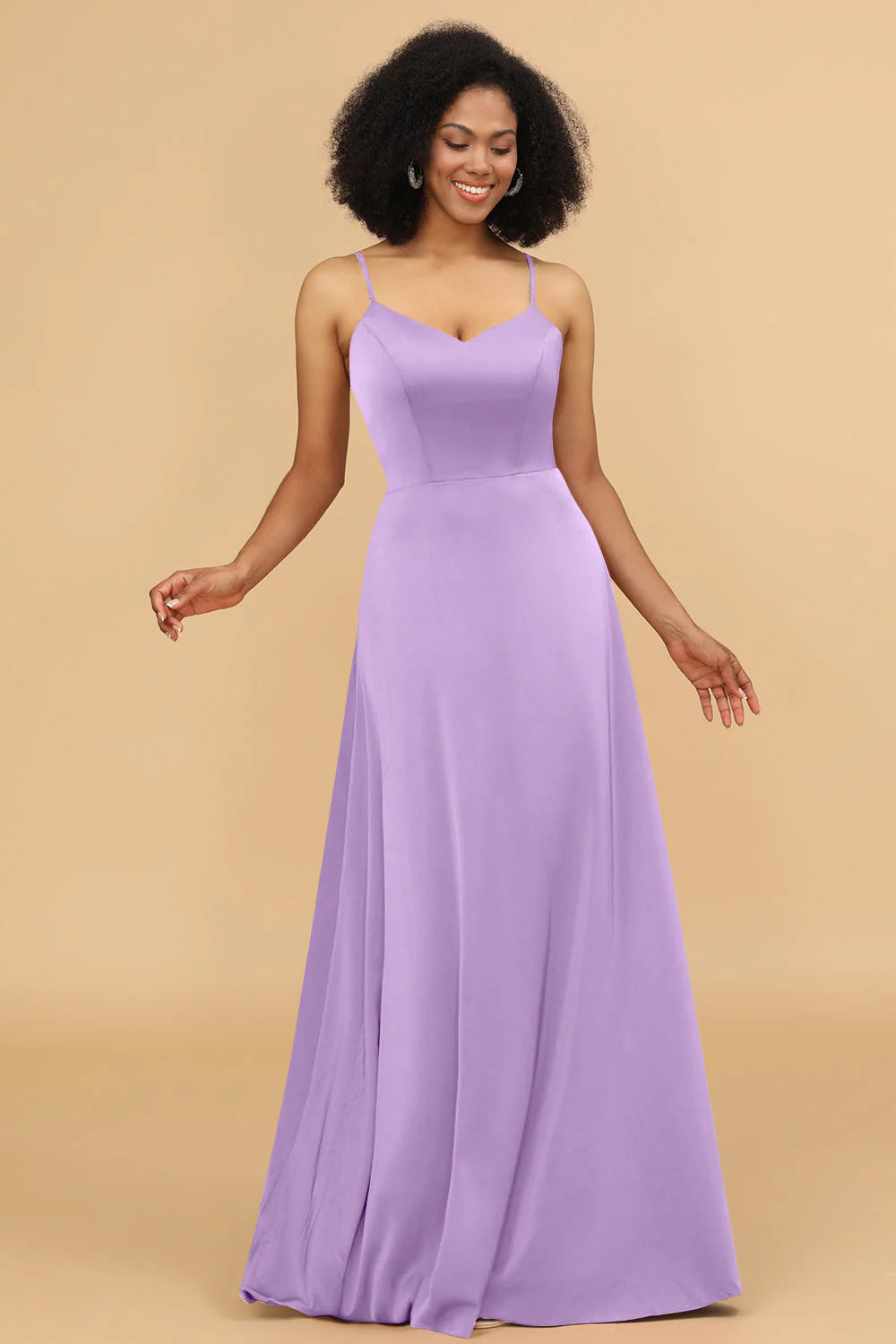 A Line Spaghetti Straps Floor Length Satin Bridesmaid Dress