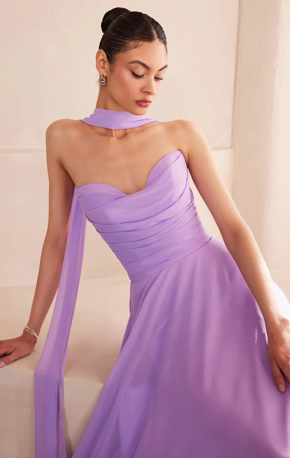 Ella Gown A line Strapless Chiffon Dress With Scarf