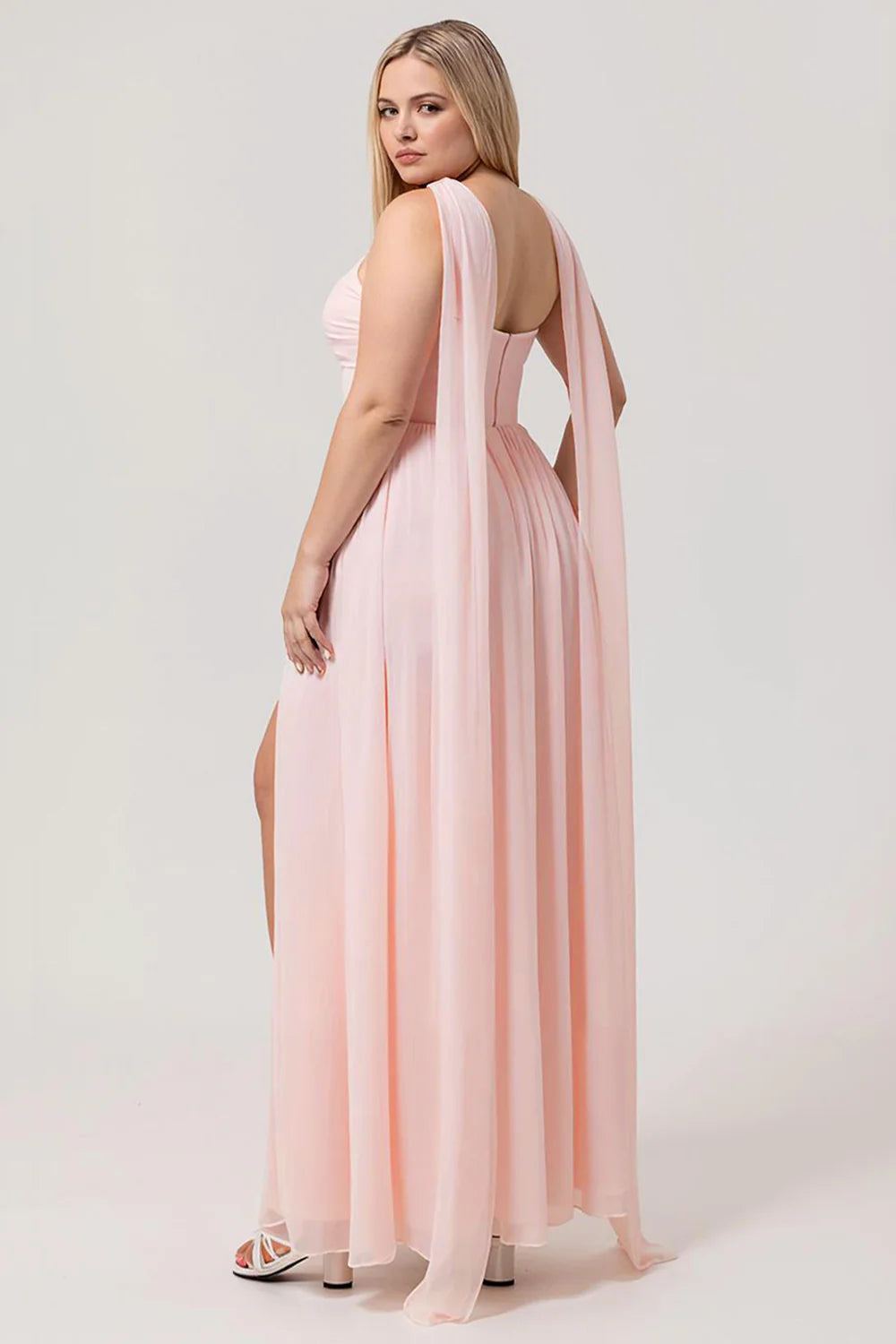 Blush A Line Strapless Ruched Corset Chiffon Convertible Long Plus Size Bridesmaid Dress with Slit