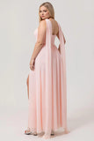 Blush A Line Strapless Ruched Corset Chiffon Convertible Long Plus Size Bridesmaid Dress with Slit