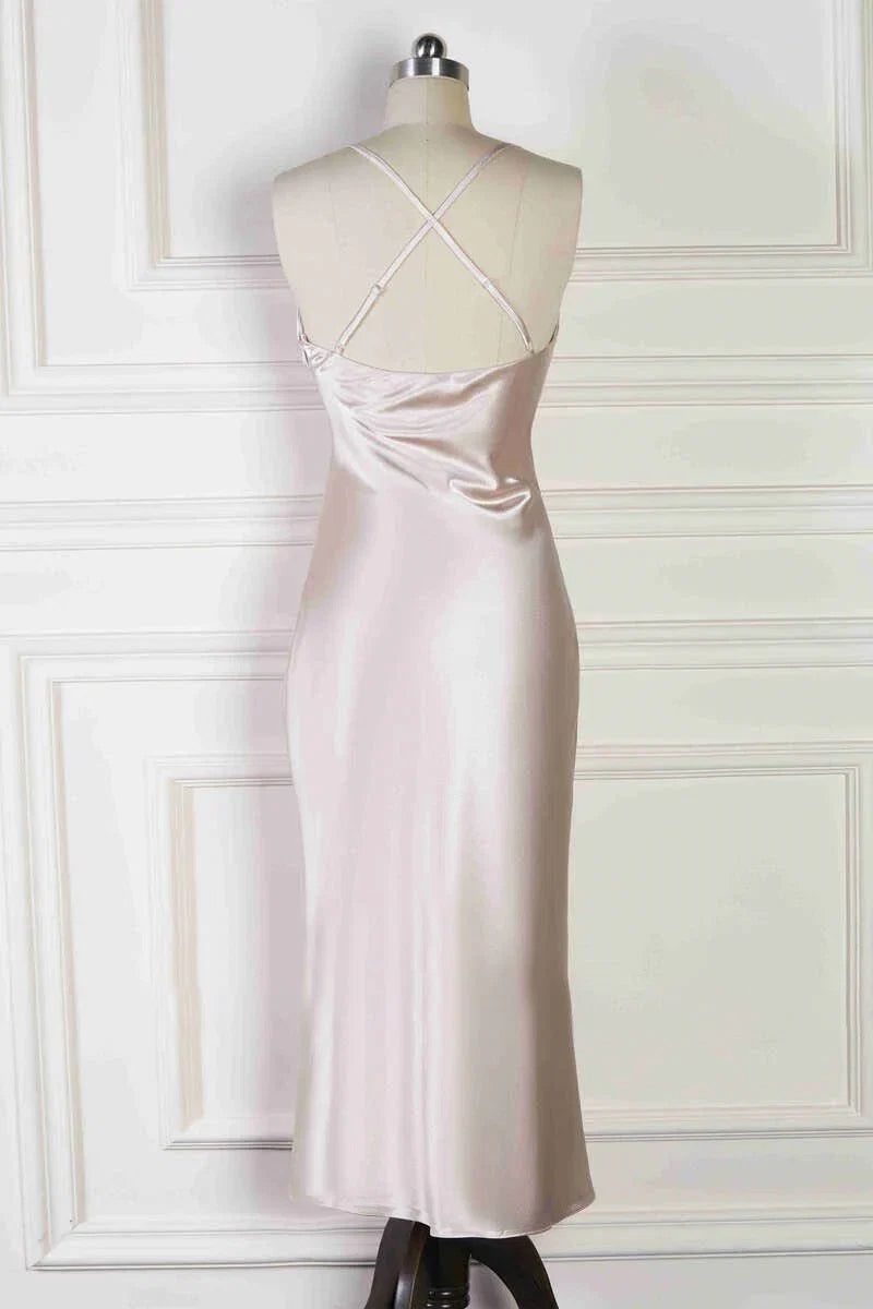 Spaghetti Straps Cowl Neck Tea Length Champagne Sheath Bridesmaid Dress