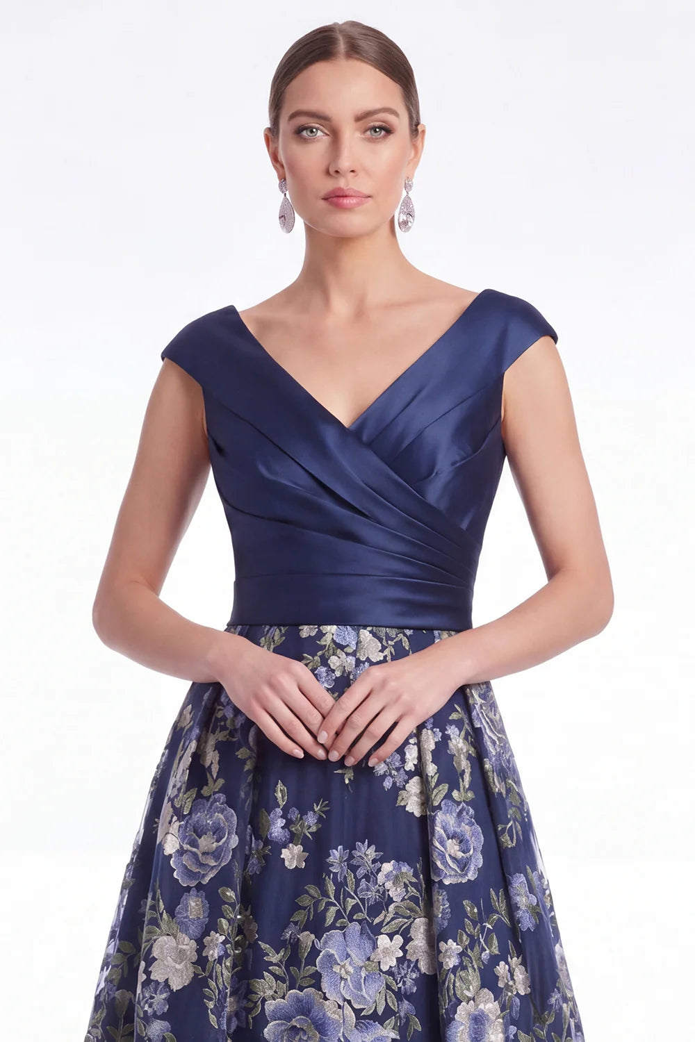 Dark Navy A Line Floral Jacquard Mother of the Bride Dress with Cap Sleeves