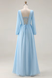 Sky Blue Ruched A Line V Neck Long Sleeve Bridesmaid Dress with Slit