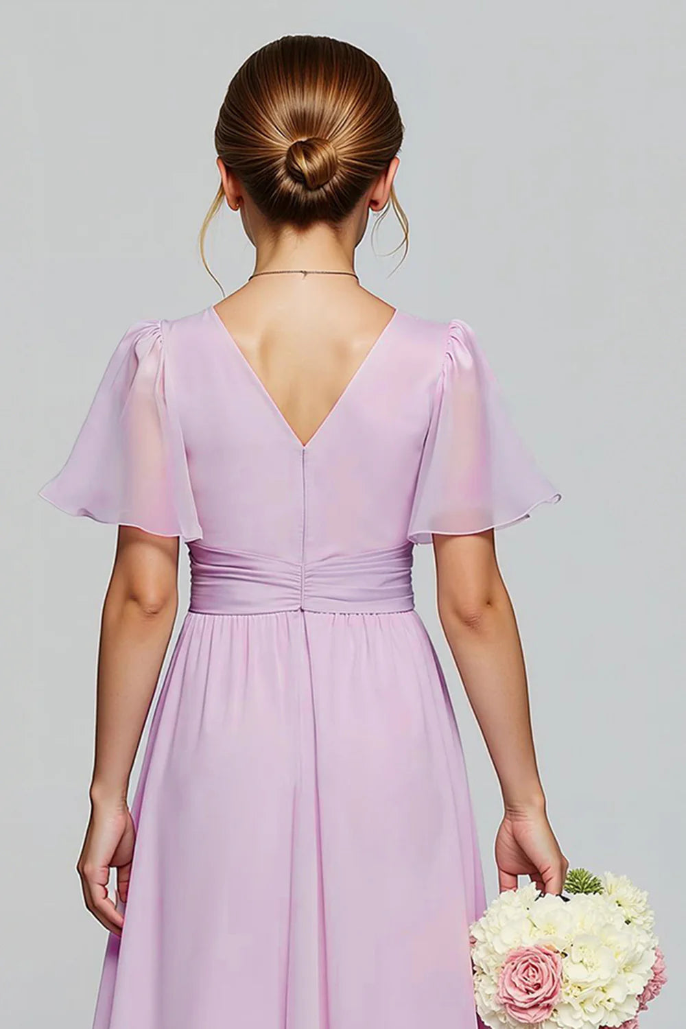 Purple A Line Chiffon Ruffled Long Junior Bridesmaid Dress