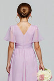 Purple A Line Chiffon Ruffled Long Junior Bridesmaid Dress