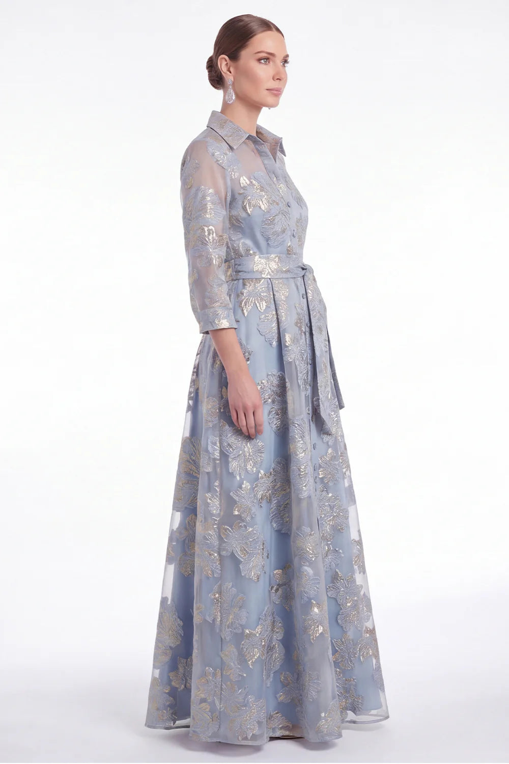 Gold Floral Jacquard A Line Collar Mother of the Bride Dress with 3 4 Sleeves