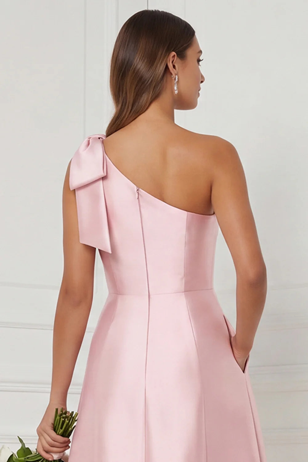 One Shoulder A Line Satin Pink Bridesmaid Dress with Slit