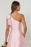 One Shoulder A Line Satin Pink Bridesmaid Dress with Slit