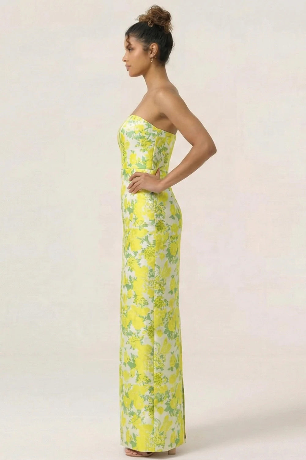 Blue Sheath Strapless White Floral Back Slit Satin Maxi Dress with Pockets