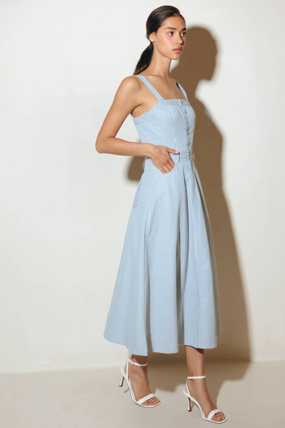 CAREFREE DAYS BLUE PINSTRIPE MIDI DRESS