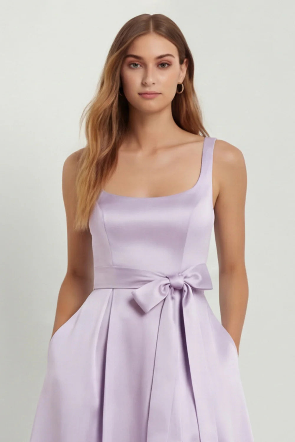 Light Blue A Line Square Neck Bow Satin Long Bridesmaid Dress with Slit