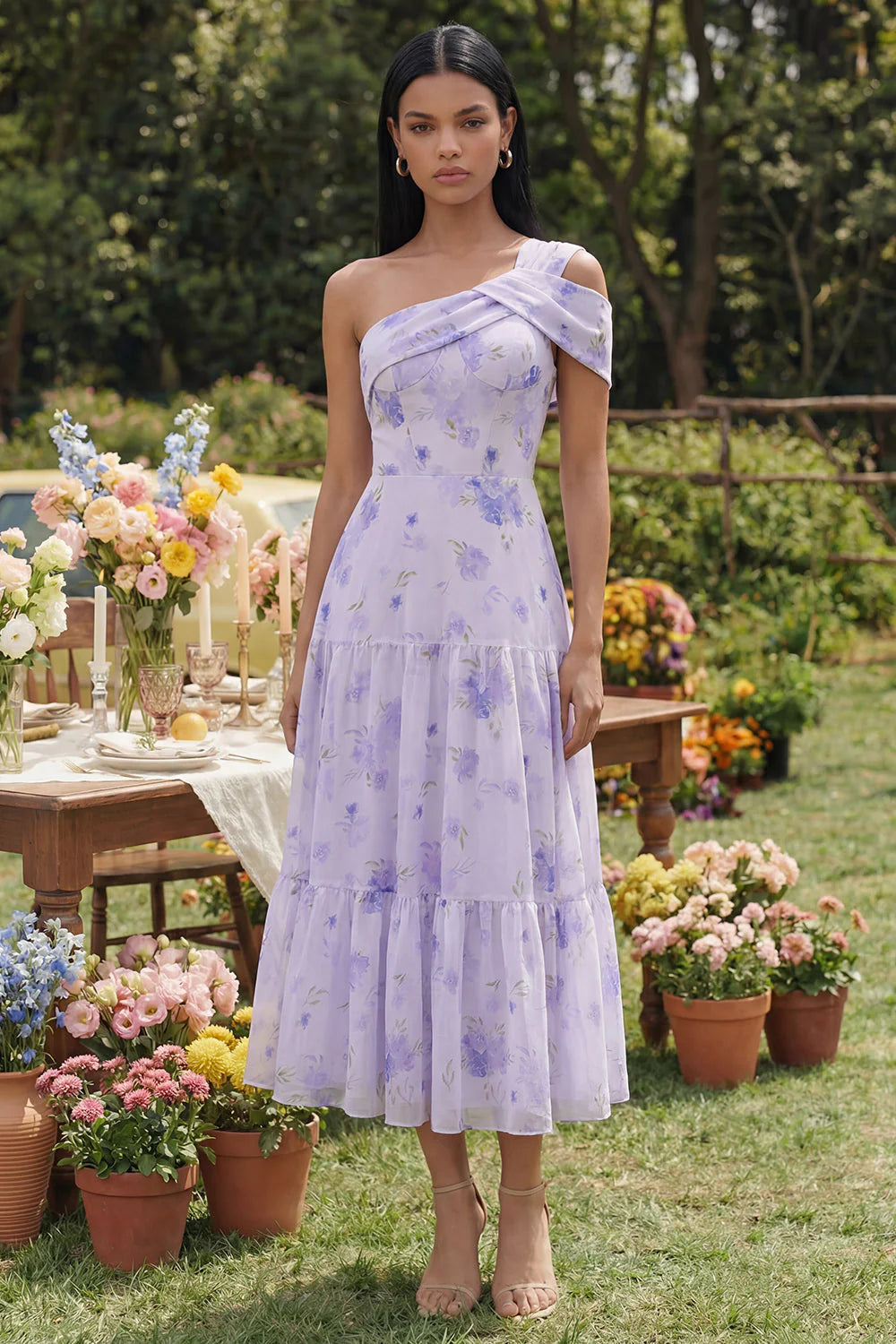 One Shoulder Lilac Floral A Line Midi Wedding Guest Dress