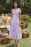 One Shoulder Lilac Floral A Line Midi Wedding Guest Dress