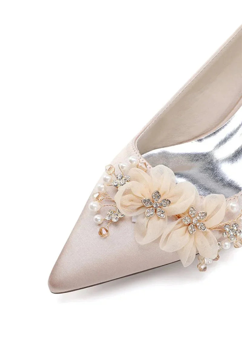 Pointed Toe Satin Slip on Chunky Wedding Shoes With Flower