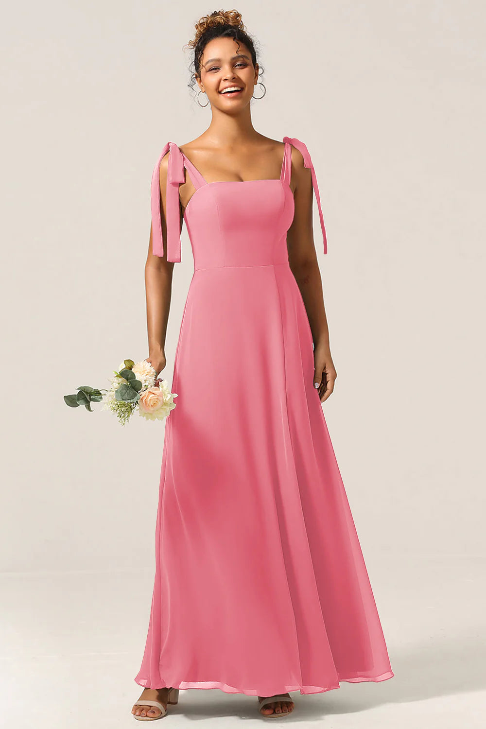 A Line Spaghetti Straps Floor Length Chiffon Bridesmaid Dress with Slit