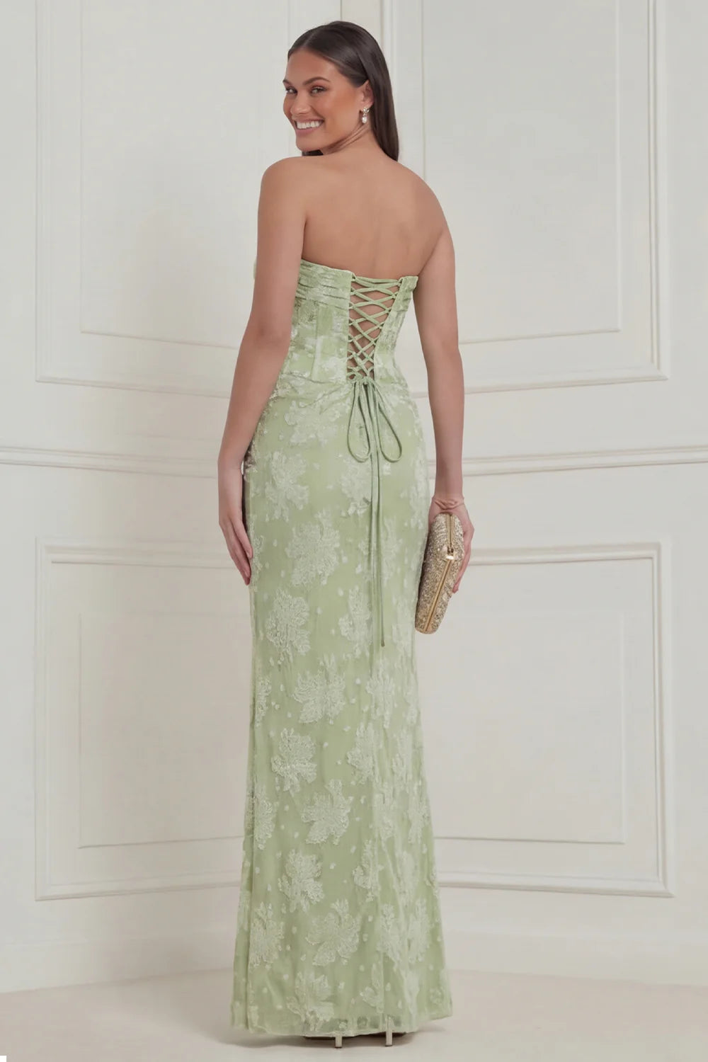 Sage Green Floral Strapless Corset Long Bridesmaid Dress with Slit