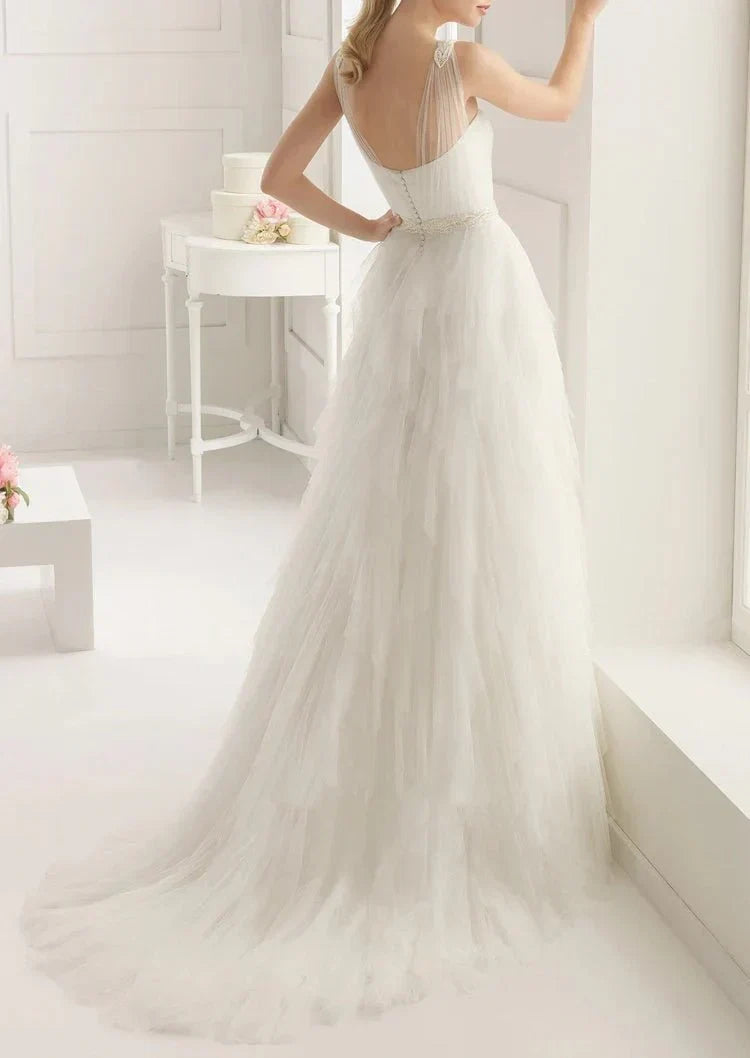 Stunning Top ruched Layered Gown With Beaded Tulle Straps