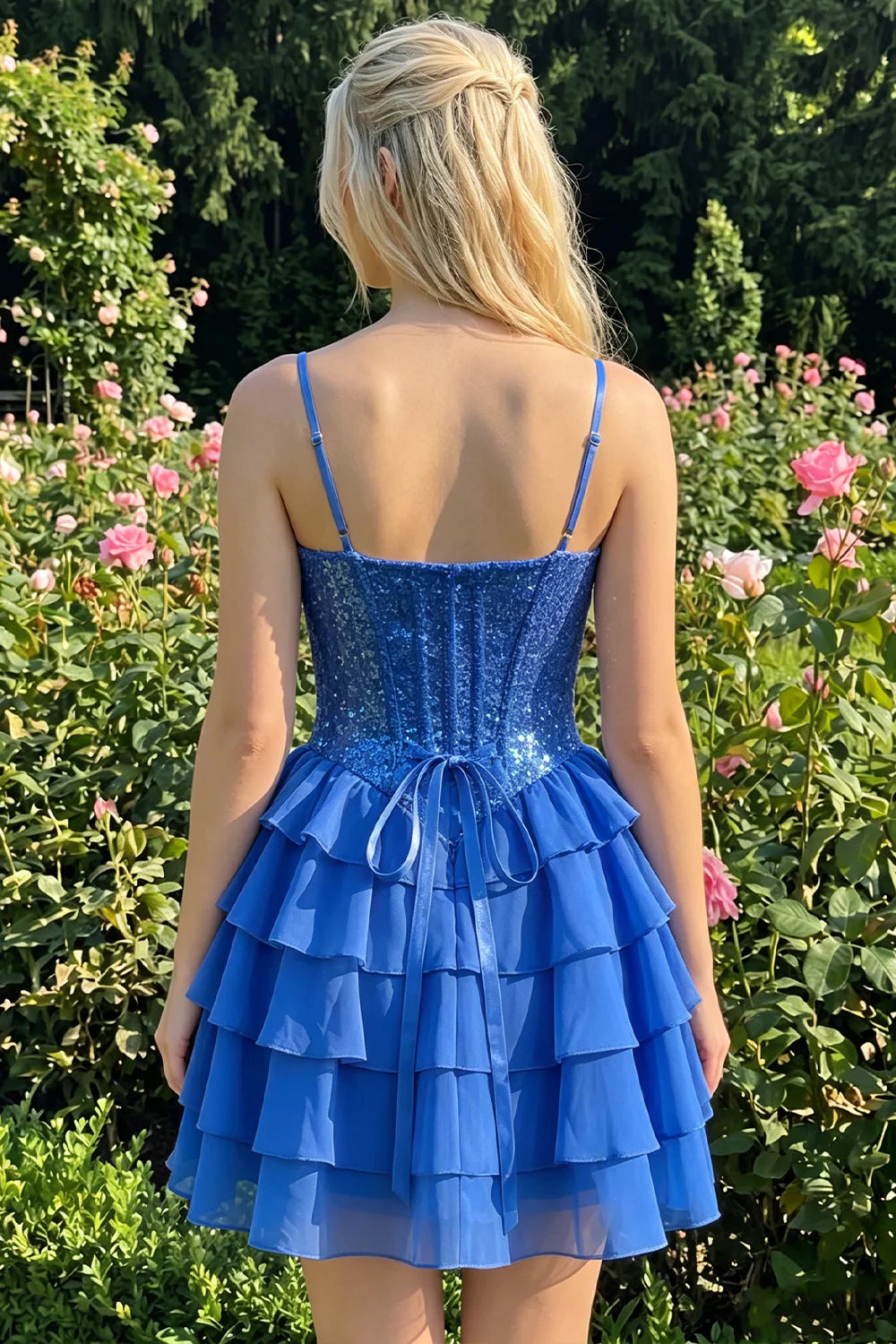 Champagne A Line Sequin Tiered Ruffle Short Homecoming Dress
