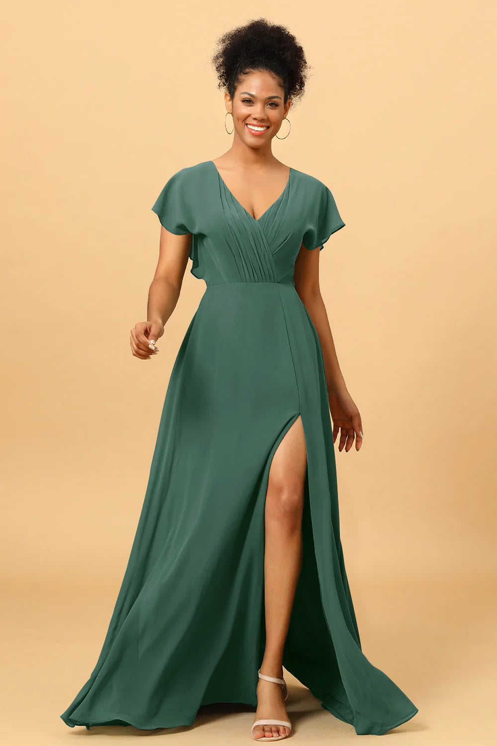 A Line V Neck Ruched Chiffon Bridesmaid Dress with Slit