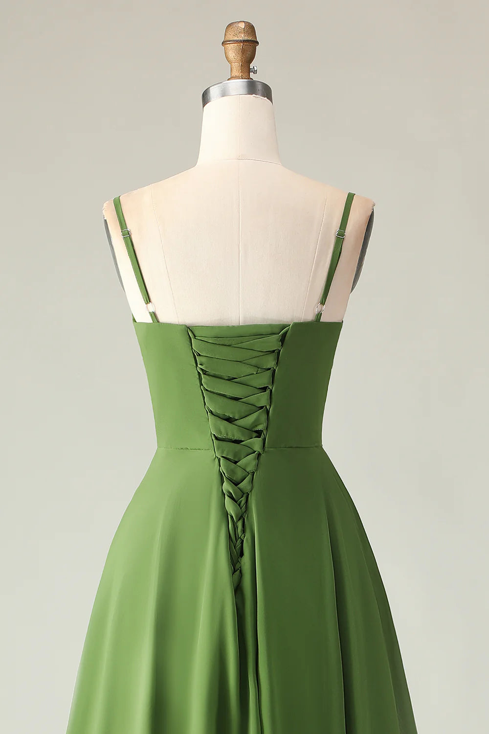 Olive Green A Line Ruched Spaghetti Straps High Low Bridesmaid Dress