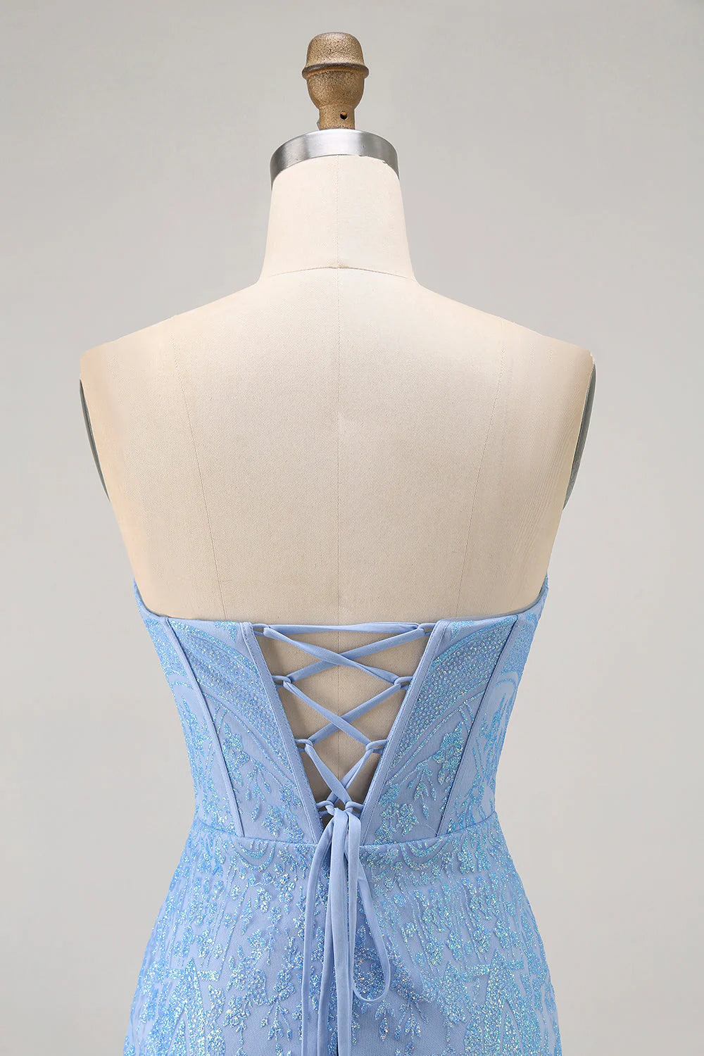 Blue Bodycon Strapless Beaded Short Homecoming Dress with Lace Up Back