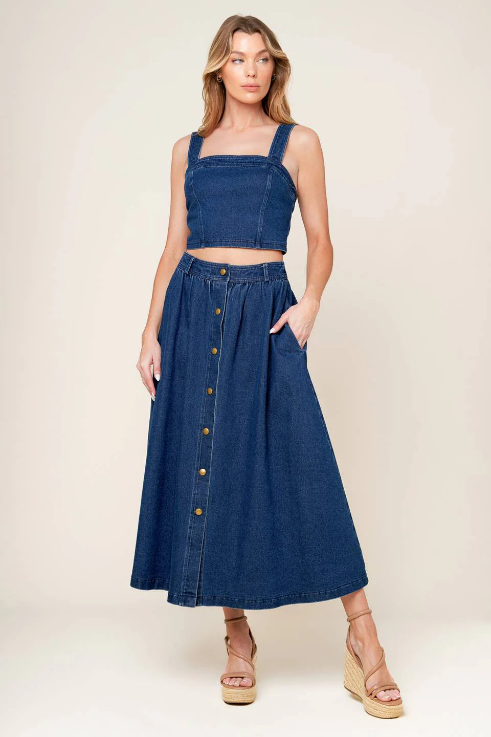 SIMPLY THE VIBE DENIM CROP TOP SKIRT SET