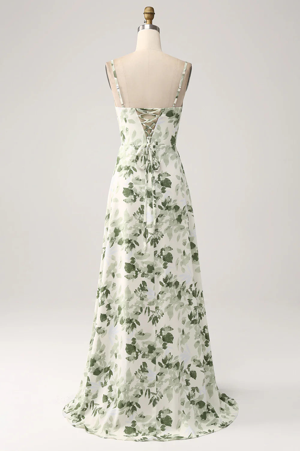 A Line Cowl Neck Printed Long Green Bridesmaid Dress With Slit