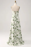 A Line Cowl Neck Printed Long Green Bridesmaid Dress With Slit