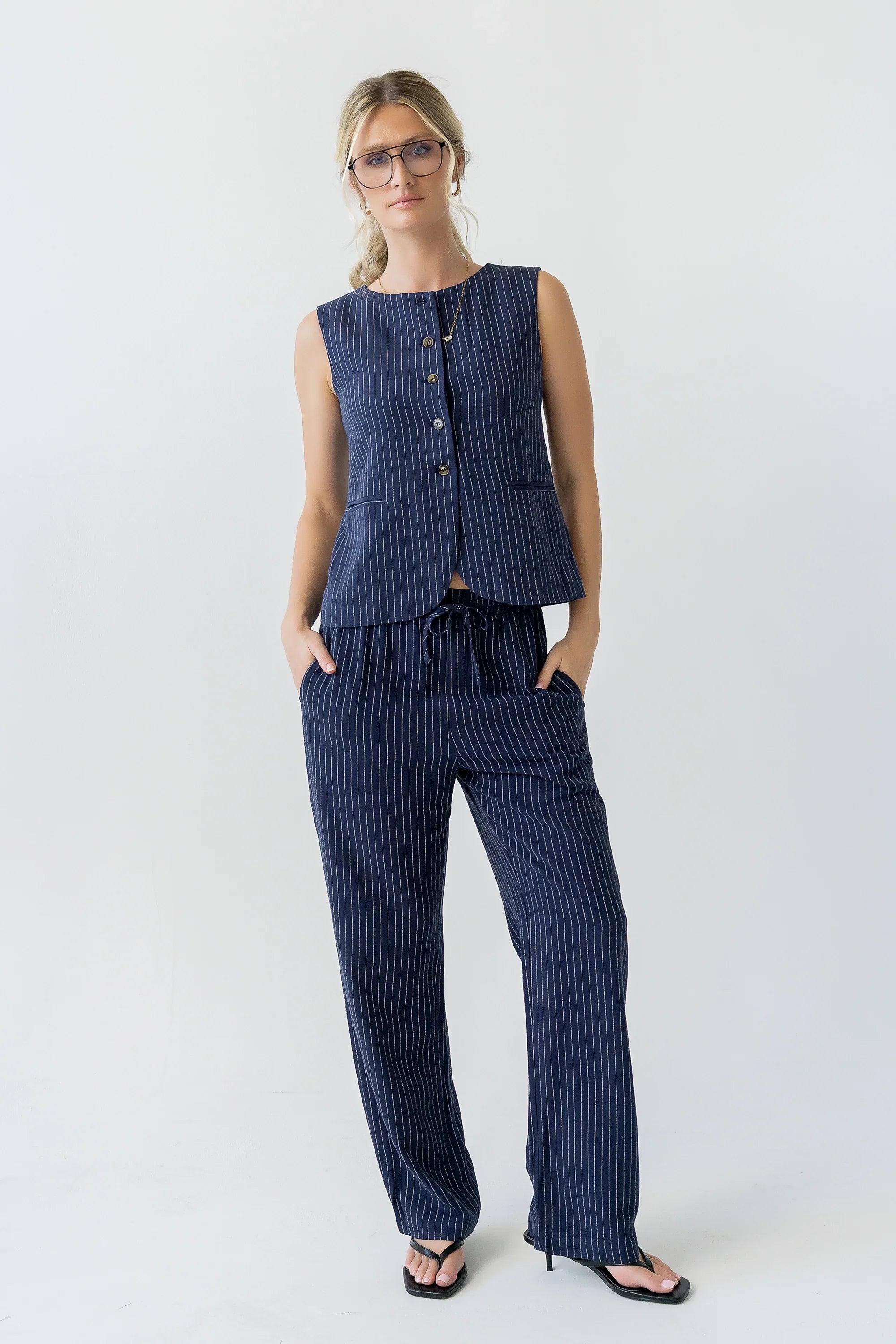 Vivienne Pinstripe Wide Leg Pants in Navy