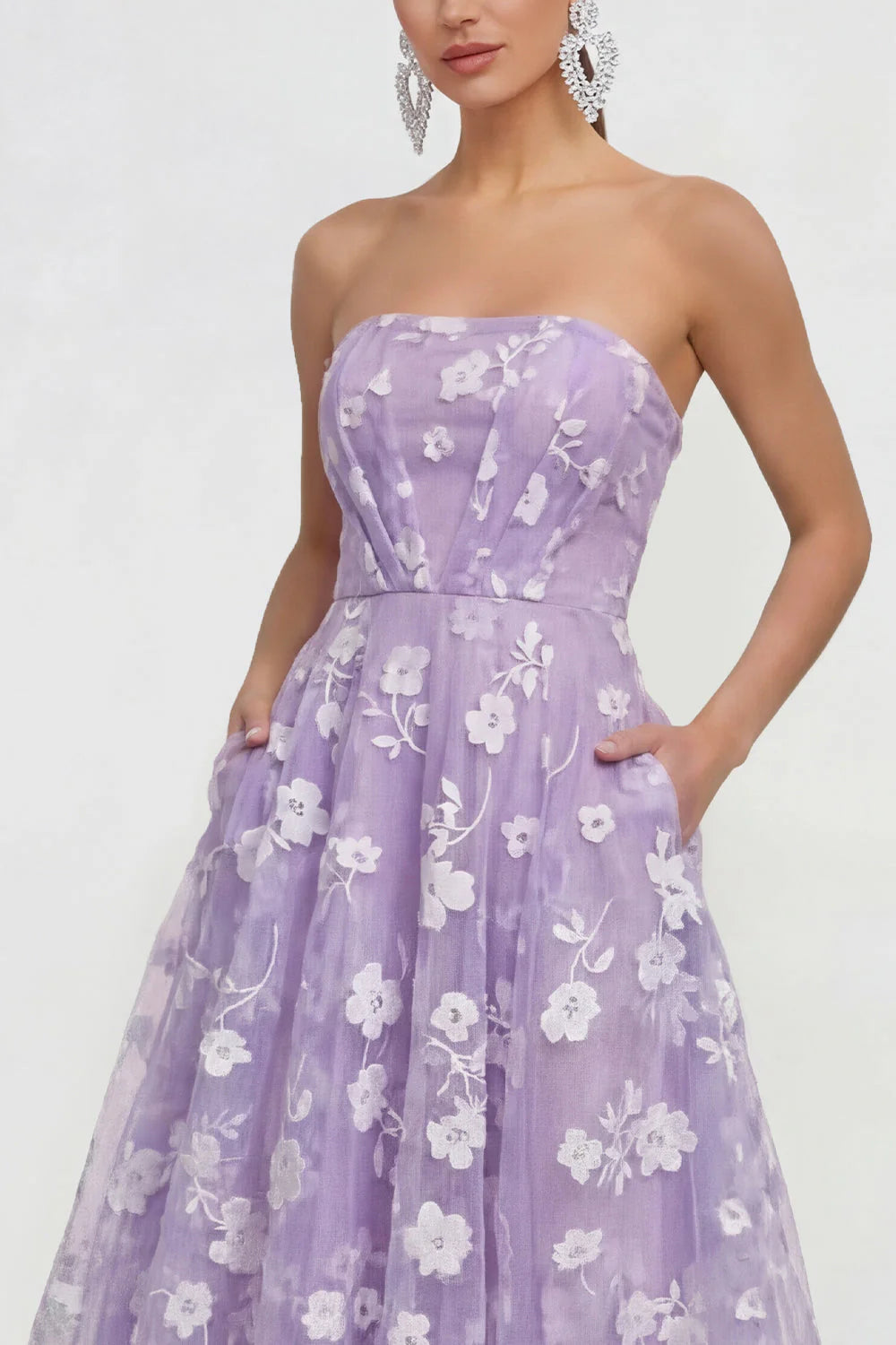 Strapless Floral Blue A Line Wedding Guest Dress