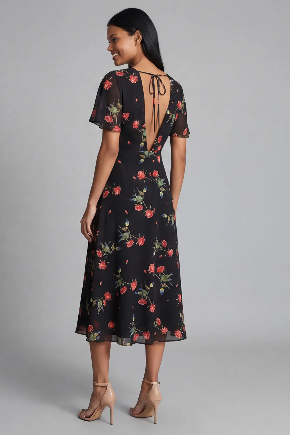 Floral Printed A Line Black Wedding Guest Dress with Short Sleeves