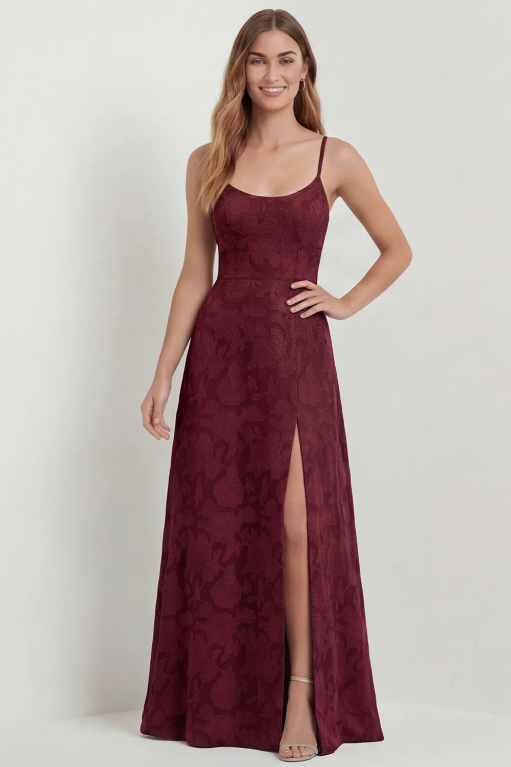 Dusty Blue A Line Floral Burnout Maxi Bridesmaid Dress with Slit