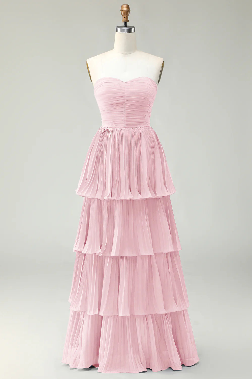 Dusty Blue A Line Strapless Pleated Tiered Long Bridesmaid Dress with Ruffles