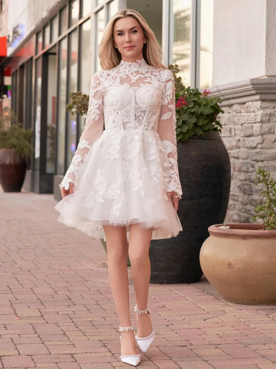 Short White A Line Illusion Neck Long Sleeves Lace Wedding Dresses