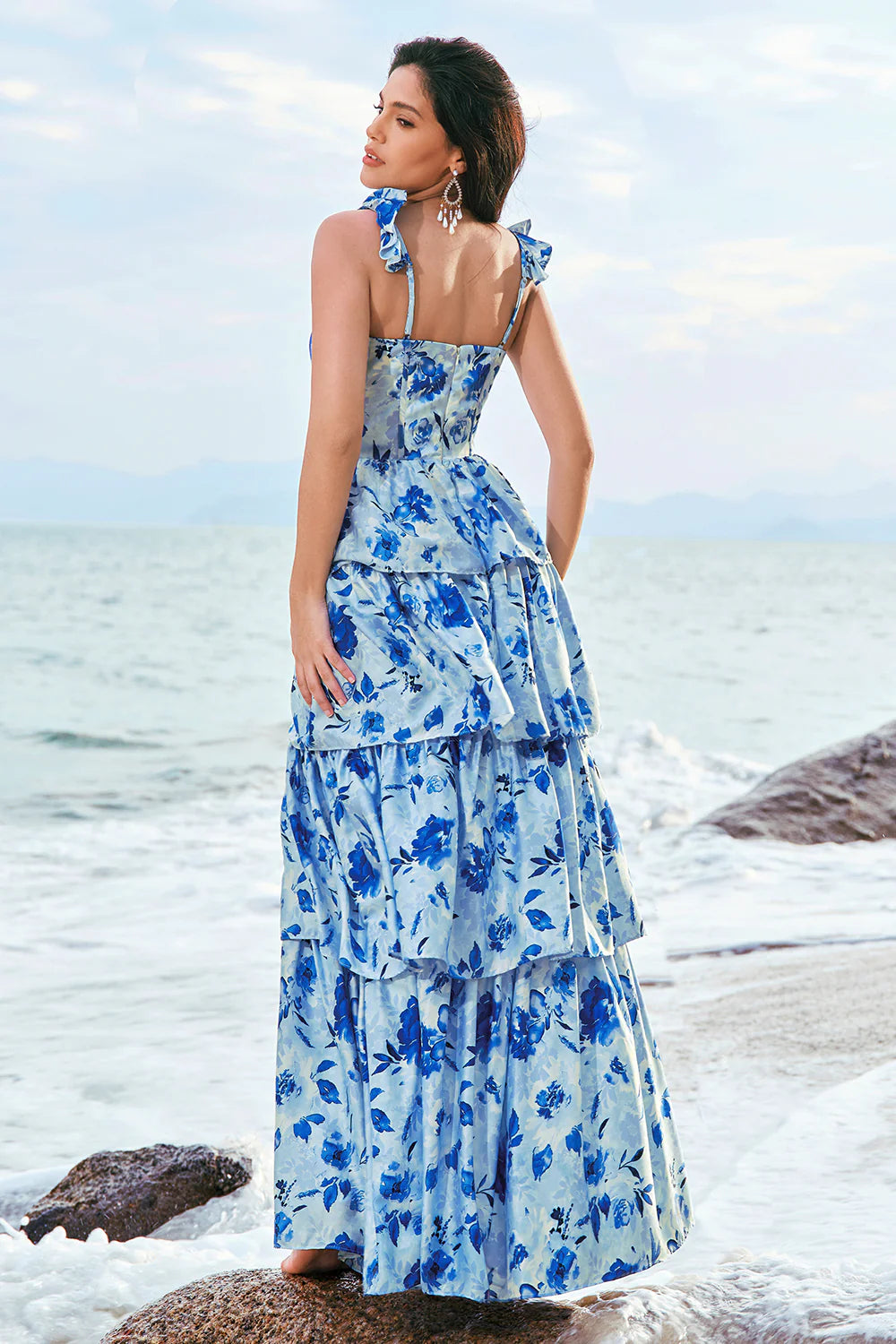 Blue Flower A Line Corset Tiered Print Long Bridesmaid Dress with Ruffles