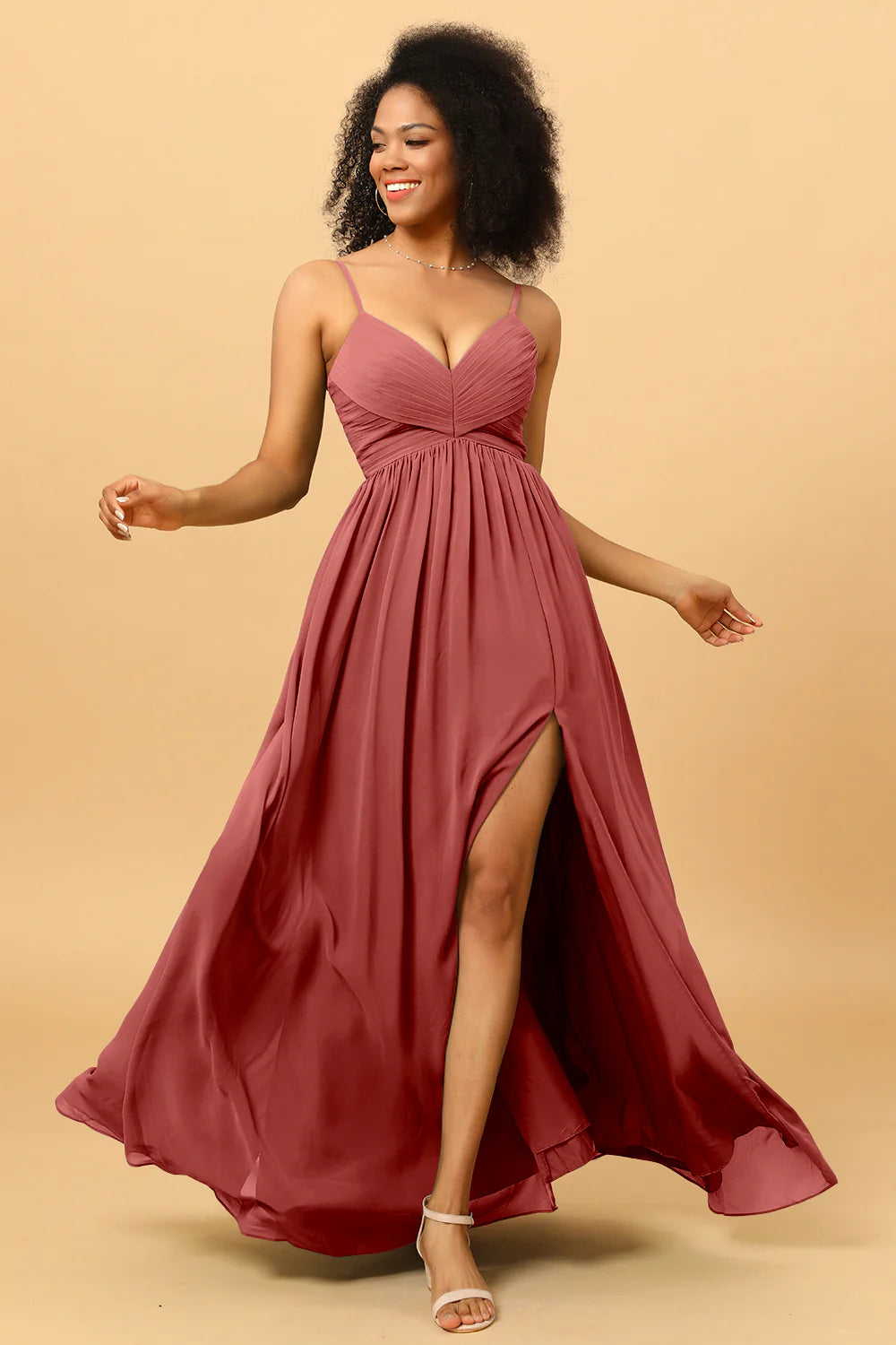 A Line Spaghetti Straps Ruched Long Chiffon Bridesmaid Dress with Slit