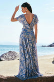 Grey Blue A Line V Neck Burnout Velvet Floor Length Bridesmaid Dress with Cape Sleeves