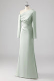 Sage Sheath One Shoulder Satin Long Bridesmaid Dress with Long Sleeves