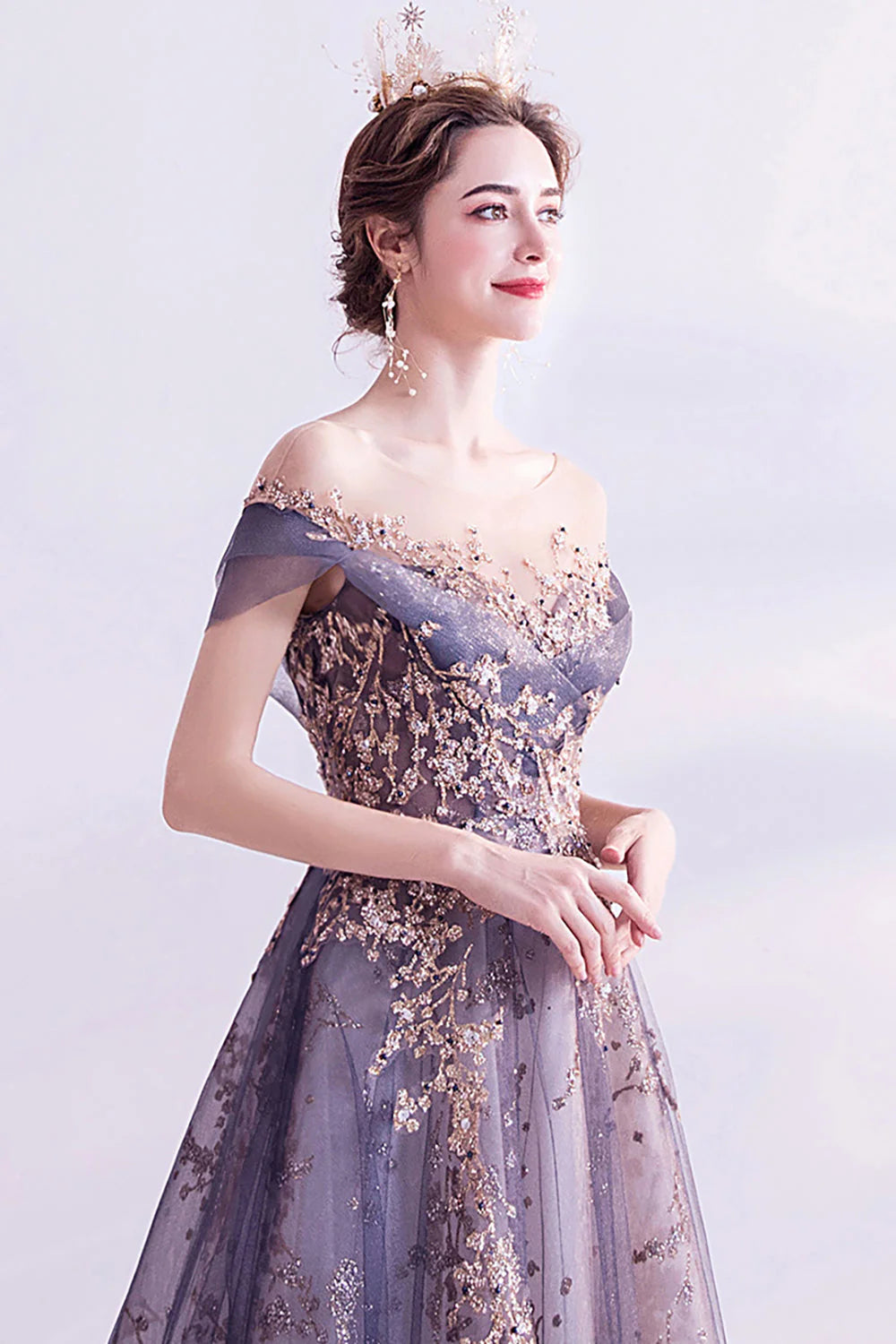 Sparkly Purple A Line Tulle Long Prom Dress
