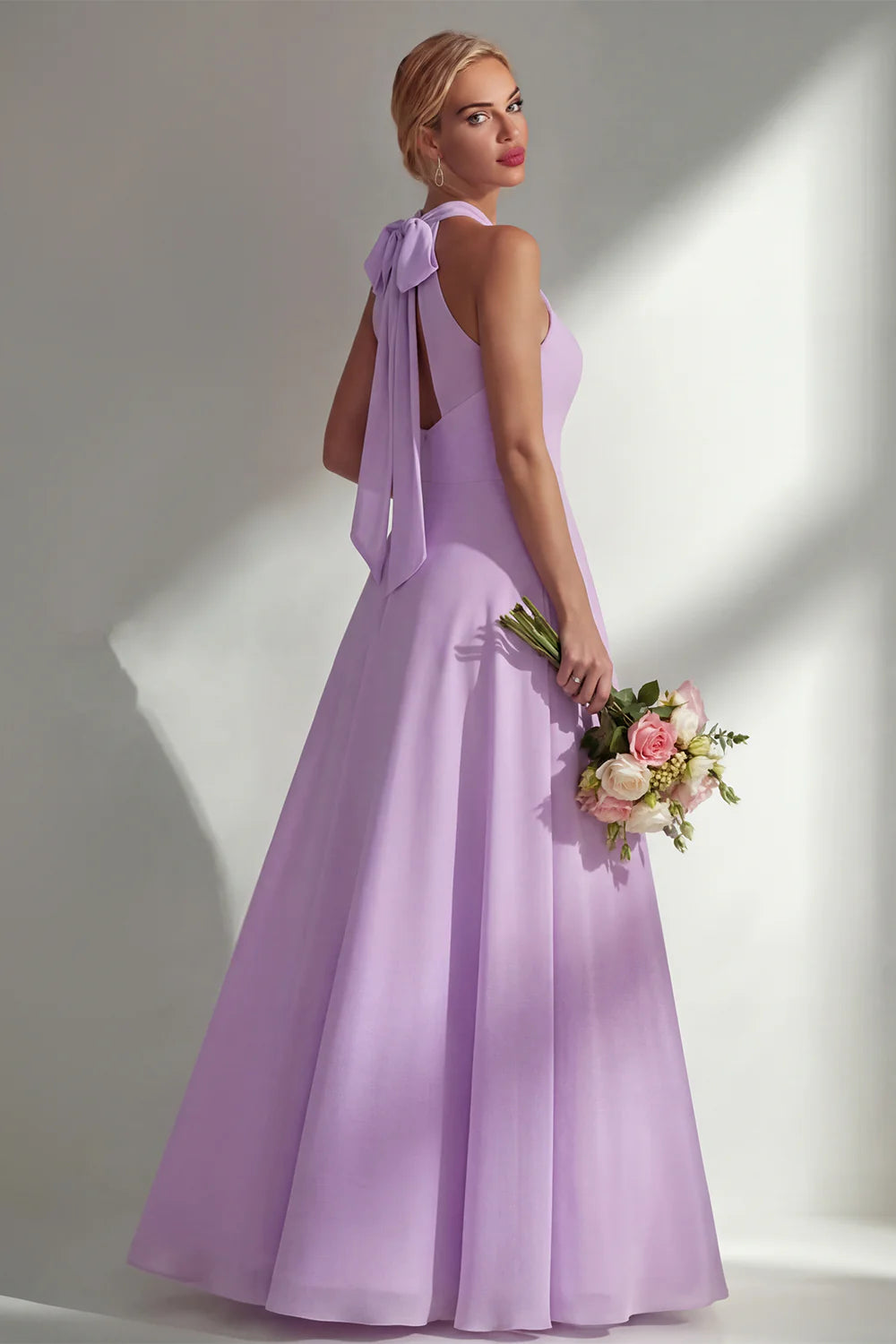 Lilac Halter Chiffon Keyhole Long Bridesmaid Dress