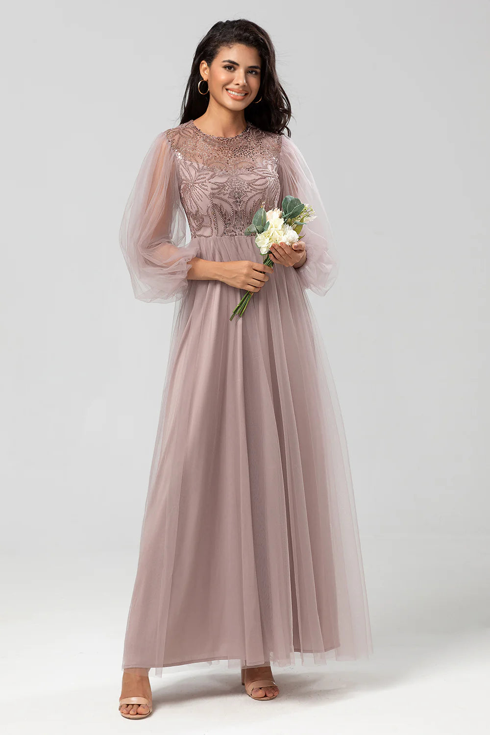 A Line Tulle Beaded Dusty Blue Bridesmaid Dress With Long Sleeves