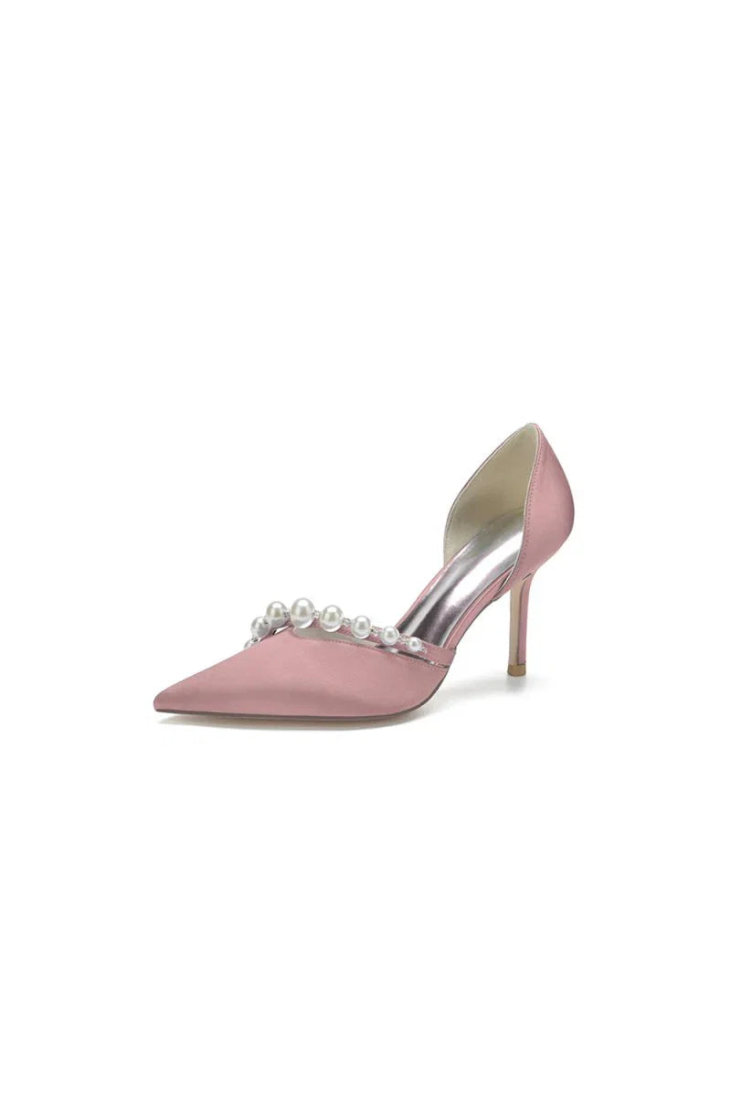 Party Pearl Strap Pointed Toe Satin High Heels