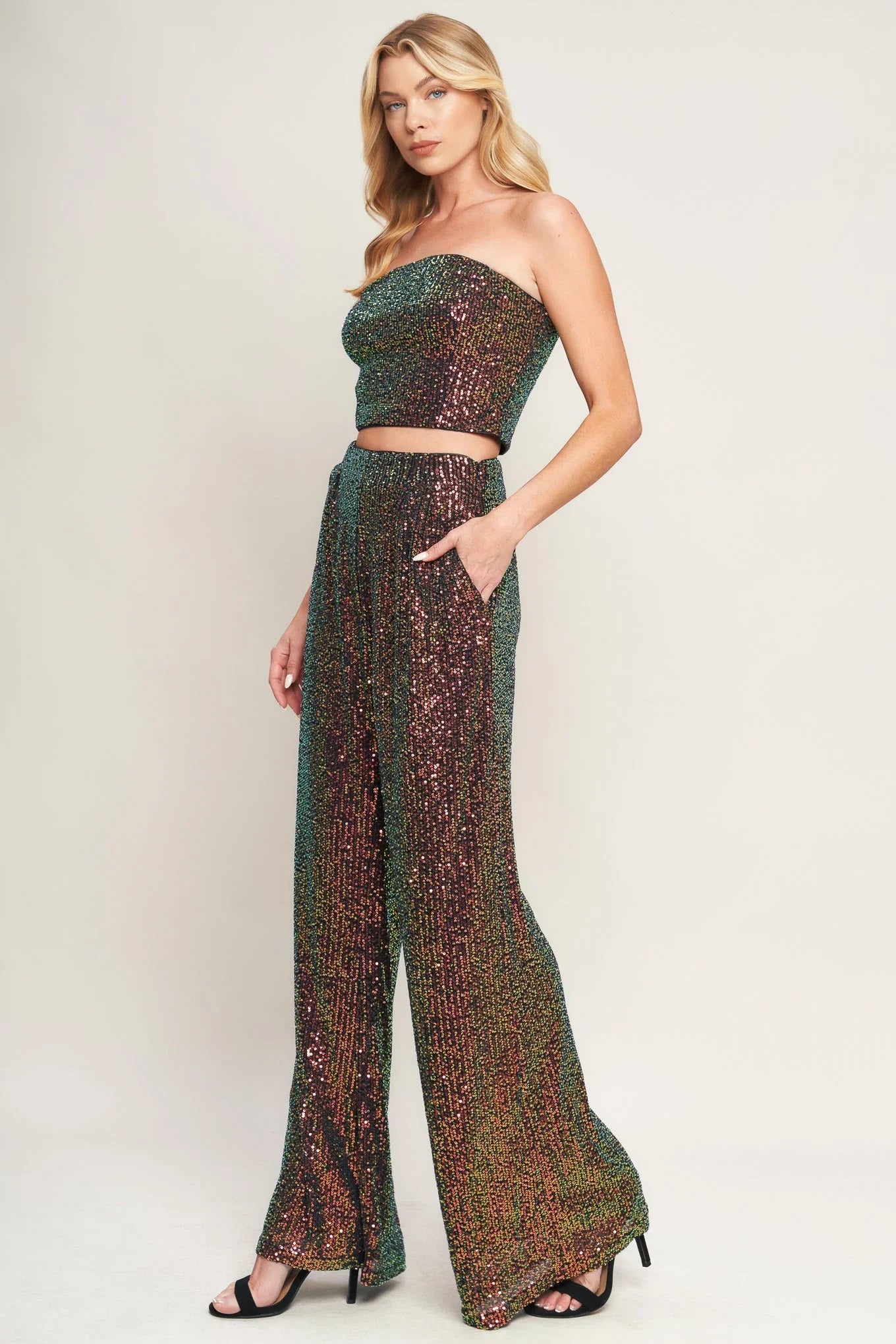CHARMING COMPOSURE SEQUIN CROP TOP PANT SET FINAL SALE