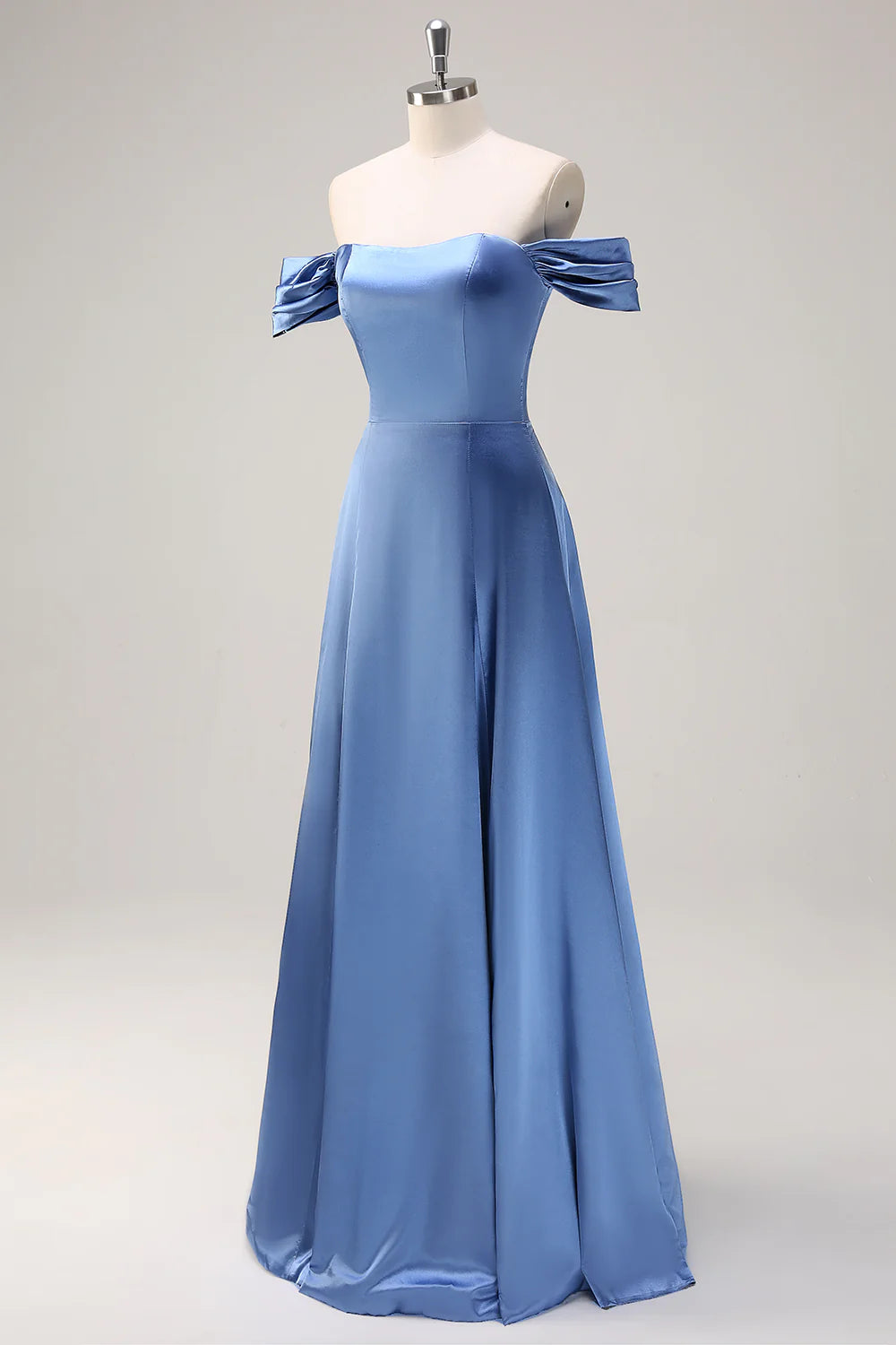 Dusty Blue A Line Off The Shoulder Ruched Long Bridesmaid Dress
