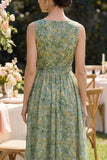 A Line Dusty Green V Neck Floral Wedding Guest Dress with Sash